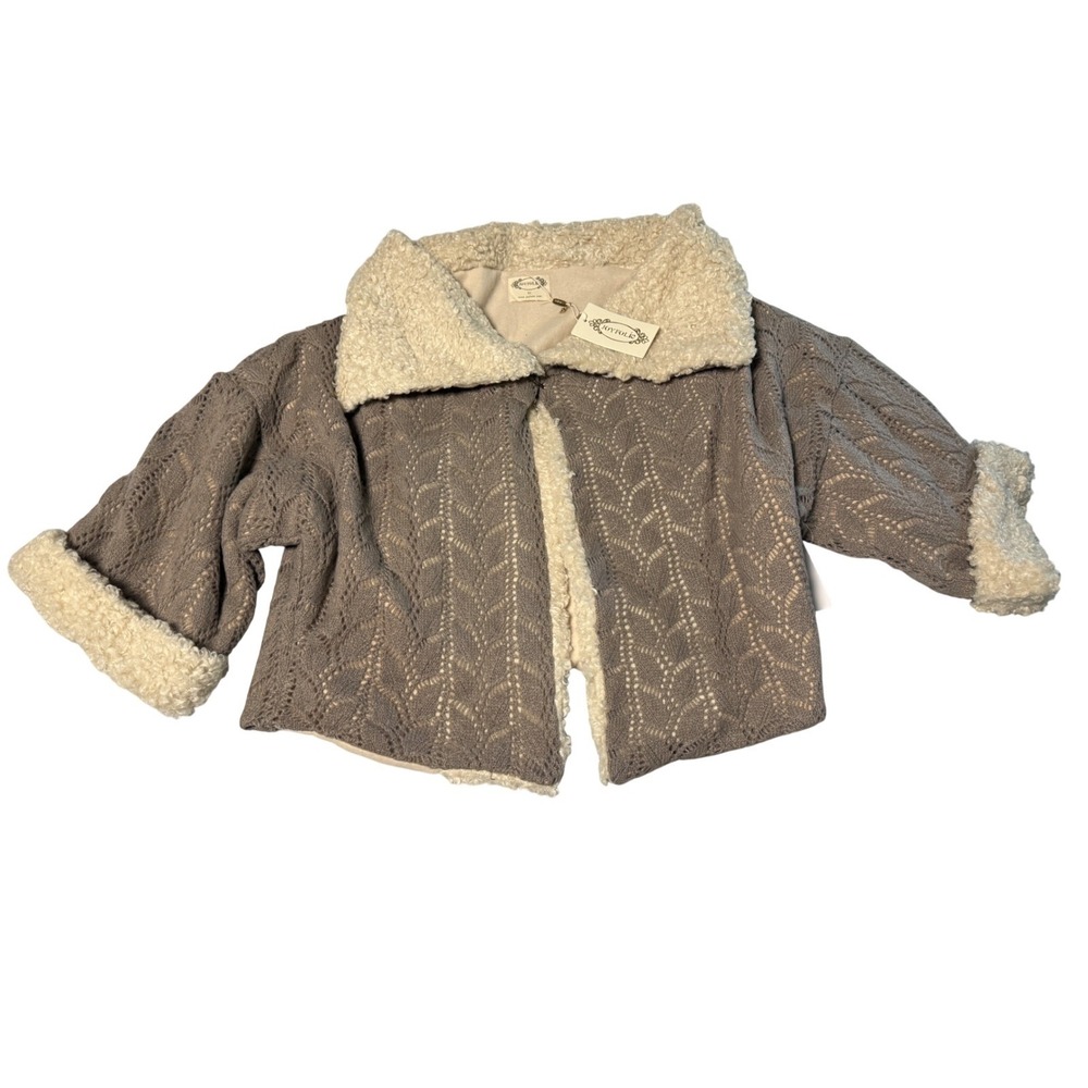NWT Joyfolie Large LIAM JACKET FRENCH GRAY Crochet Crop Wide Cuff Boho Sherpa